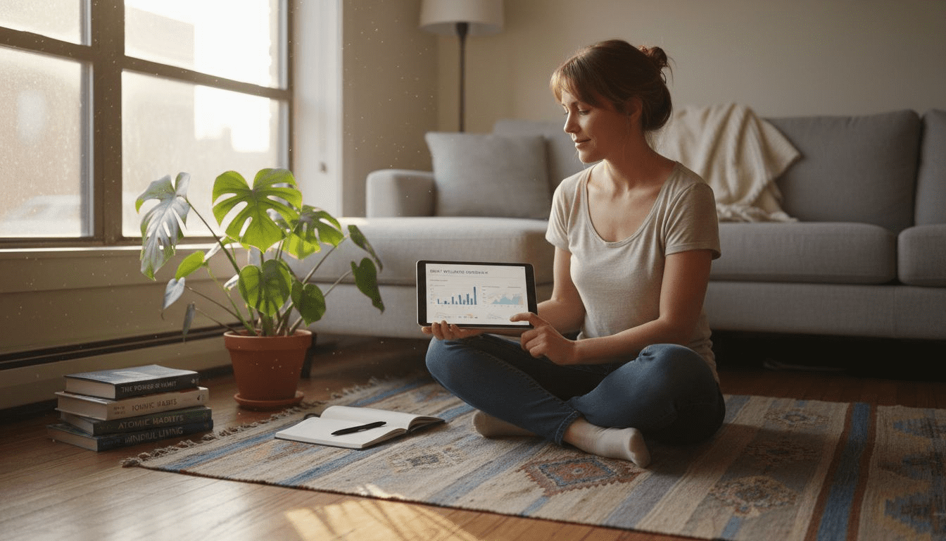 Woman reviewing wellness data on living room floor