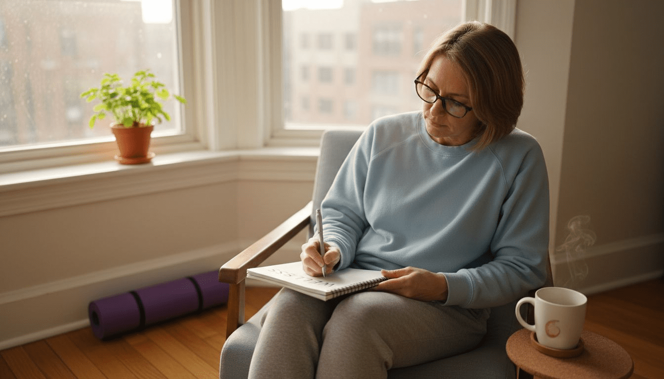 Woman journaling health in sunny apartment